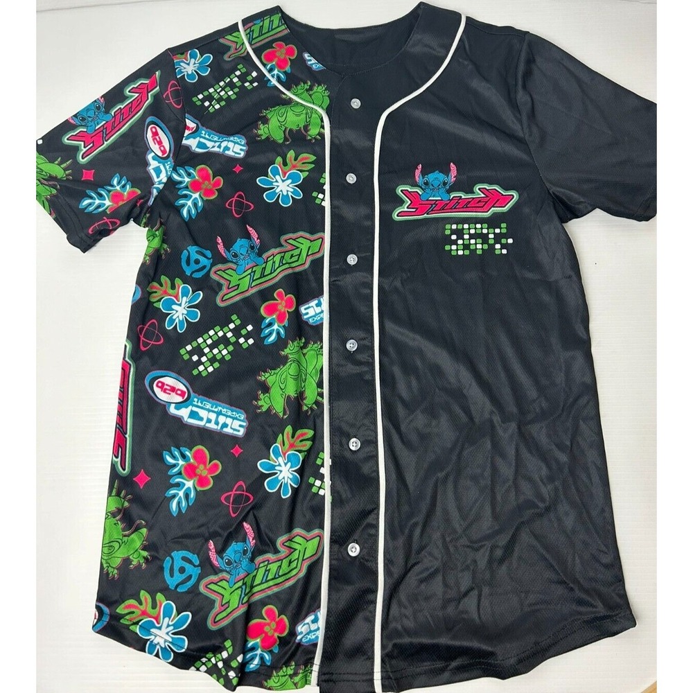 Disney Lilo & Stitch Themed Baseball Jersey Mens Size Small Black Colorful 626